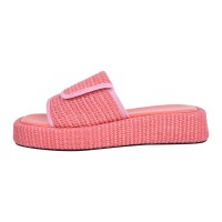 Peep Toe Straw Platform Flats Slippers - Pink Synthetic