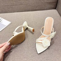 Pointed Open Toe Rose Straps High Heels Slippers Sandals - White Satin