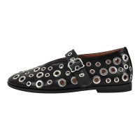Round Toe Metal Hollow Mary Jane Buckle Straps Punk Goth Ballet Flats - Black Faux Leather