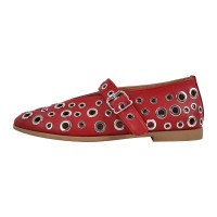 Round Toe Metal Hollow Mary Jane Buckle Straps Punk Goth Ballet Flats - Red Faux Leather