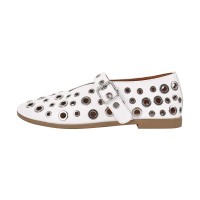 Round Toe Metal Hollow Mary Jane Buckle Straps Punk Goth Ballet Flats - White Faux Leather