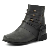 SqaureToe Ankle Highs Retro Casual Metal Decoration Ankle Highs Flats Boots - Black Faux Leather