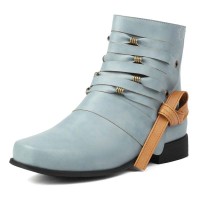 SqaureToe Ankle Highs Retro Casual Metal Decoration Ankle Highs Flats Boots - Blue Faux Leather
