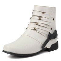SqaureToe Ankle Highs Retro Casual Metal Decoration Ankle Highs Flats Boots - White Faux Leather