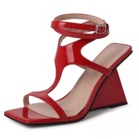 Square Open Toe T Straps Ankle Buckle Straps Wedges Sandals - Red Patent
