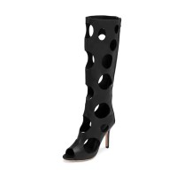 Peep Toe Stiletto Heels Hollowed Circles Stylish Knee Highs Back Zipper Breathable Boots - Black Faux Leather