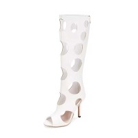 Peep Toe Stiletto Heels Hollowed Circles Stylish Knee Highs Back Zipper Breathable Boots - White Faux Leather