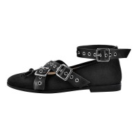 Round Toe Butterfly Knot Ankle Buckle Straps Punk Flats - Black Satin