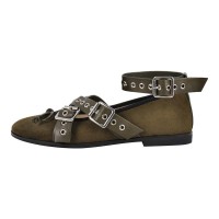 Round Toe Butterfly Knot Ankle Buckle Straps Punk Flats - Green Satin