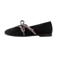 Round Toe Butterfly Knot Mary Janes Straps Retro Daily Flats - Black Suede