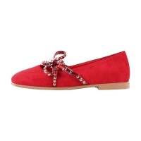 Round Toe Butterfly Knot Mary Janes Straps Retro Daily Flats - Red Suede
