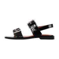 Square Open Toe Double Buckle Straps Slingback Summer Flats Sandals - Black Faux Leather