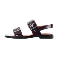 Square Open Toe Double Buckle Straps Slingback Summer Flats Sandals - Burgundy Faux Leather