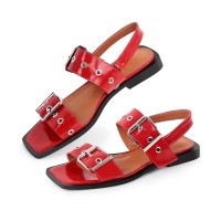 Square Open Toe Double Buckle Straps Slingback Summer Flats Sandals - Red Faux Leather