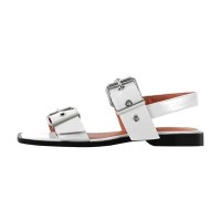 Square Open Toe Double Buckle Straps Slingback Summer Flats Sandals - White Faux Leather
