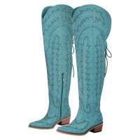 Pointed Toe Chunky Heels Western Style Thigh Highs Western Cowgirl Boots - Blue Flock