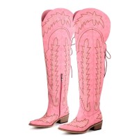 Pointed Toe Chunky Heels Western Style Thigh Highs Western Cowgirl Boots - Pink Flock