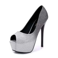 Peep Toe Platforms Glitters Stiletto Heels Elegant Pumps - Silver Sequined Cloth