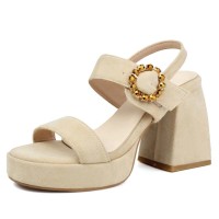 Peep Toe Chunky Heels Buckle Straps Slingback Platforms Elegant Sandals - Beige Flock