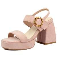 Peep Toe Chunky Heels Buckle Straps Slingback Platforms Elegant Sandals - Pink Flock