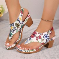 Peep Toe Chunky Heels Flower Print Slingback Sandals - White Faux Leather