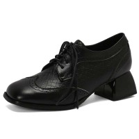 Round Toe Lace Up Chunky Heels Party Office Pumps Loafers  - Black Faux Leather