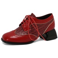 Round Toe Lace Up Chunky Heels Party Office Pumps Loafers  - Red Faux Leather