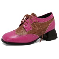 Round Toe Lace Up Chunky Heels Party Office Pumps Loafers  - Rose Faux Leather