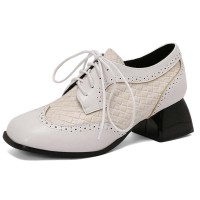 Round Toe Lace Up Chunky Heels Party Office Pumps Loafers  - White Faux Leather