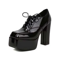 Square Toe Lace Up Chunky Heels Low Platforms Loafers Pumps - Black Patent
