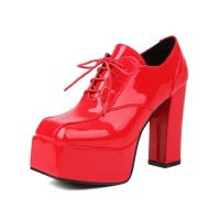 Square Toe Lace Up Chunky Heels Low Platforms Loafers Pumps - Red Patent
