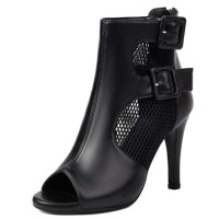 Peep Toe Ankle Buckle Straps Stiletto Heels Net Elegant Sandals - Black Faux Leather