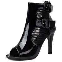 Peep Toe Ankle Buckle Straps Stiletto Heels Net Elegant Sandals - Black Patent