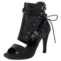 Peep Toe Side Lace Up Ankle buckle Straps Stiletto Heels Booties Summer Sandals - Black Flock