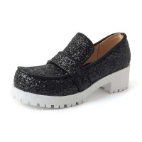 Round Toe Chunky Heels Shiny Glitters Oxford Loafers - Black Microfiber