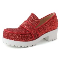 Round Toe Chunky Heels Shiny Glitters Oxford Loafers - Red Microfiber