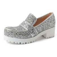 Round Toe Chunky Heels Shiny Glitters Oxford Loafers - Silver Microfiber