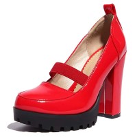 Round Toe Elastic Band Rhinestones Ankle Buckle Straps Chunky Heels Platforms Pumps - Red Patent