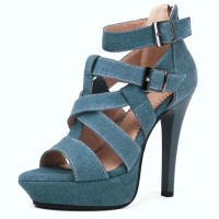 Peep Toe Ankle Buckle Straps Stiletto Heels Platforms Summer Sandals - Blue Denim