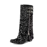 Round Toe Polka Dot Sequin Circle Glitter Flipped Zipper Double Breasted Novelty Knee Highs Bling Reflective Boots - Black Fabric