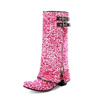 Round Toe Polka Dot Sequin Circle Glitter Flipped Zipper Double Breasted Novelty Knee Highs Bling Reflective Boots - Pink Fabric