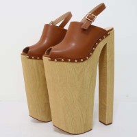 Peep Toe Rivet Decorated Platforms Super Chunky Heels Slingback Sandals - Brown Leather