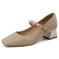 Round Toe Mary Janes Chunky Heels Beads Vintage Style Pumps  - Apricot Microfiber