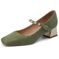 Round Toe Mary Janes Chunky Heels Beads Vintage Style Pumps  - Green Microfiber