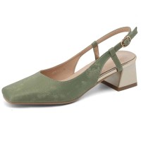 Round Toe Chunky Heels Slingback Vintage Style Pumps  - Green Microfiber