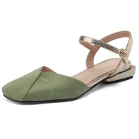 Round Toe Vintage Style Flats Ankle Buckle Straps Sandals - Green Microfiber