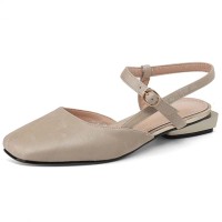 Round Toe Vintage Style Flats Ankle Buckle Straps Sandals - Apricot Microfiber