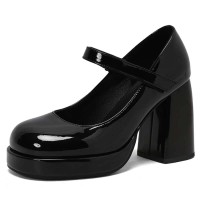 Round Toe Chunky Heels Elegant Party Wedding Platforms Mary Janes Pumps - Black Patent