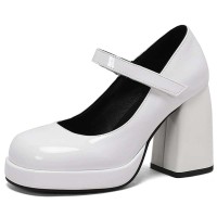 Round Toe Chunky Heels Elegant Party Wedding Platforms Mary Janes Pumps - White Patent