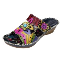 Peep Toe Flower Stitch Decorated Beach Slope Sandals Slippers - Black Faux Leather